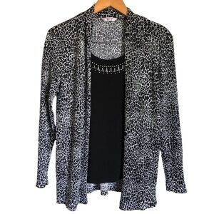 Allison Daley Petites Beaded Open Faux Cardigan Tank Blouse Black Silver Size M